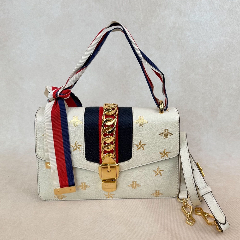 Gucci Sylvie Bee Star Leather Shoulder Bag Web Stripe Gold Chain White